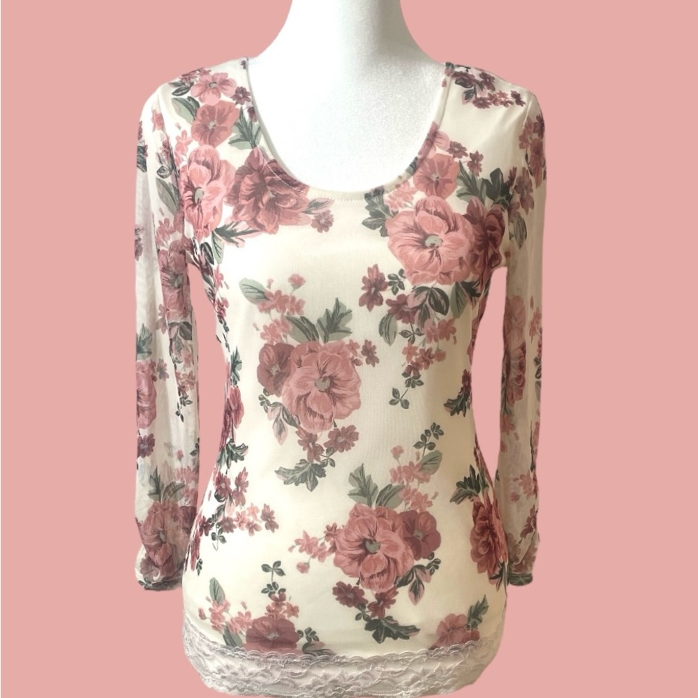 Women’s sheer cream rose floral long sleeve blouse